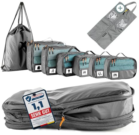 SEESCHWALBE Packwürfel Set mit Kompression| 8-teilig | Packing Cubes | Packtaschen & Gepäck Organizer für Rucksack & Reise Koffer | Extra leichte Kleidertaschen inkl. Schuhbeutel (grau)