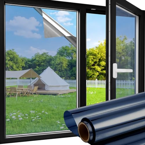 aboveBED Spiegelfolie Fenster Selbstklebend 60 x 400 cm, Blau-Silber, Fensterfolie Blickdicht von Außen, Hitzeschutz & Sonnenschutz Innen Außen, klare Durchsicht, UV Schutz