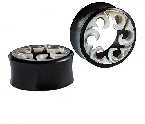 CHICNET Horn Tunnel Waves handgeschnitzt Perlmutt Flesh Plug weiß schwarz Expander | Double Flared Muschel Earplug Ohrring Dehner | Unisex Ohrplug Männer Frauen Lobe Piercing Wellen Welle Wave