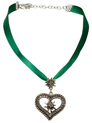 Alpenflüstern Satin-Trachtenkette Strass-Edelweissherz - Damen-Trachtenschmuck Dirndlkette grün DHK241