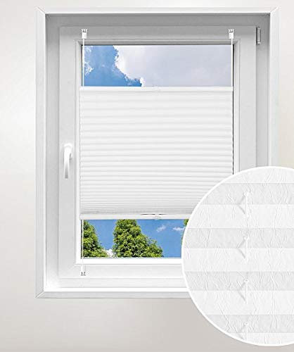 Laneetal Plissee ohne Bohren Klemmfix, Jalousie Faltrollo Crushed Optik, Weiß 85 x 100 cm, mit Spannschue für Fenster und Tür, Easyfix klemmträger und verspannt, Sonnen-, Sicht- & Schallschutz