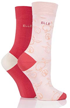ELLE Ladies Bamboo Patterned and Plain Socks Pack of 2 (Strawberry Sorbet, 4-8)