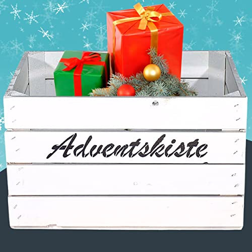 Truhenking Weiße Kiste mit Adventskiste Aufdruck 50x40x30cm Adventszeit DIY Projekt Adventskalender Kalender Kiste Jutesack Ideen selber basteln