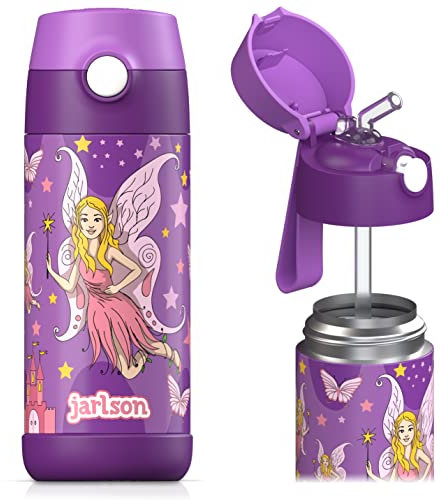 Jarlson - Gourde Enfant INOX - bouteille isotherme enfant 350 ml - Gourdes sans BPA - avec de la paille - pour l'école, les sports et la maternelle (Fée 2, 350 ml)