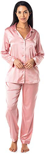 Satini Set Pigiama Lungo Button Down Raso Indumenti per Dormire Indumenti da Notte Loungewear (Rosa Pastello, XXL)