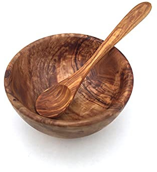 Bol à purée pour bébé avec cuillère à soupe - Diamètre au choix : 8/10 cm - Bol naturel - Cuillère fine - Fabriqué à la main en bois d'olivier (Ø 10 cm)