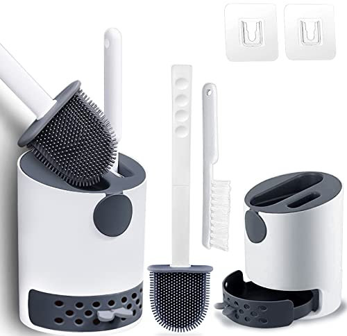 Hulameda [Double-Headed] 2 Pack Toilet Brush and Holder, Non-Slip Handle Soft Flexible Flat Head Bristles Silicone Toilet Brush, Drawer Type Quick Drying Base, Gray & White, (Flooring/Mounted Wall)