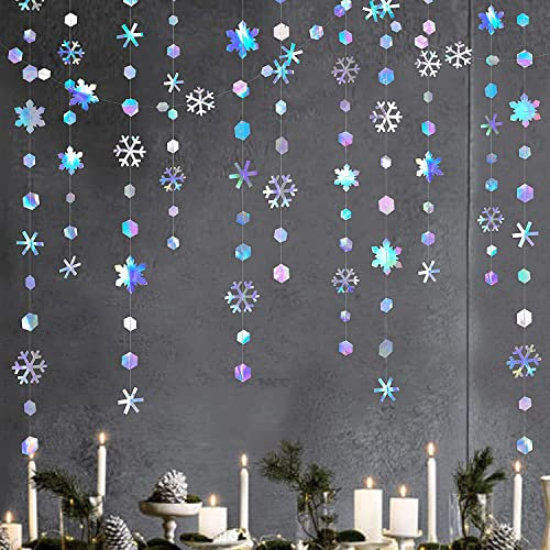 52 Ft Winter Wonderland Party Decorations Iridescent Snowflakes Garland Holographic Paper Snowflakes Streamer for Winter Onderland Christmas Frozen Birthday Wedding Baby Bridal Shower Party Supplies