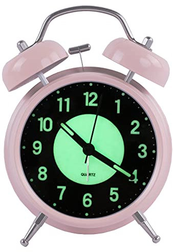 Rétro Lumineux Réveil Matin Réveil Silencieux de Chevet à Quartz, Alarme Horloge Analogique de Voyage Réveil Enfant à Piles à Double Cloche Non Tic-Tac avec Veilleuse, 4 Pouces (Rose)