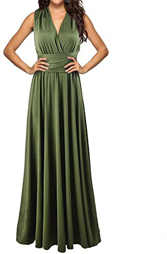 Hahaemma, Abito da donna, elegante, lungo, da sera, con scollo a V, aperto sulla schiena, da damigella d'onore, lungo fino a terra, per ballo, estivo, da spiaggia, verde militare, L