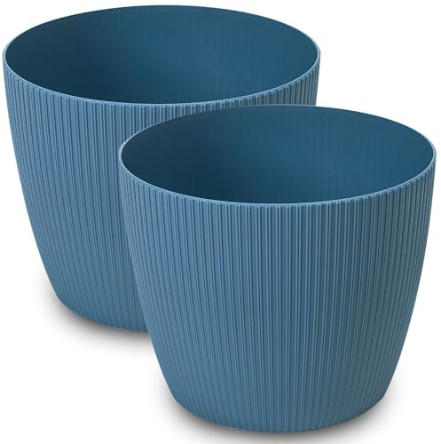 PECZEKO Matte Blumentöpfe - Deko Pflanztopf für Blumen & Kräuter - Langlebige & leichte runde Kunststoff-Pflanzentöpfe für Wohn- & Esszimmer, Küche, Terrasse, Balkon - 2er-Set - (Blau, ø 16 cm)