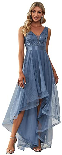 Ever-Pretty Damen V-Ausschnitt A-Linie High Low Empire Tüll Abendkleider Staubige Marine 44