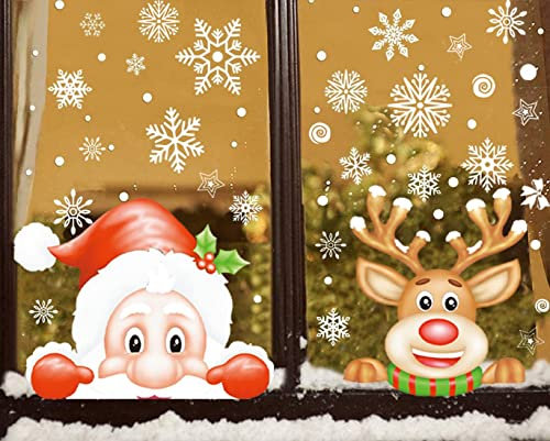 8 Blätter Weihnachtsdeko Aufkleber Fensterbilder Fenstersticker Weihnachtsmann Fensterdeko Weihnachten Winter Dekoration für Türen Schaufenster PVC Fenstertattoo Set gucken Santa Rudolph Fenster