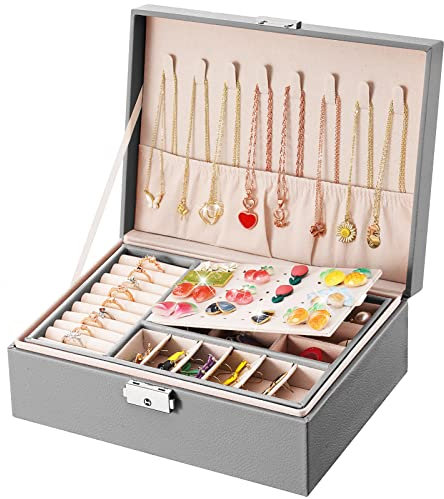 JOYUE Schmuckkästchen Damen 2 Schicht PU-Leder Aufbewahrungskoffer Schmuck Organizers Mädchen Reise Aufbewahrungsbox mit Schlüssel, Schmuckaufbewahrung für Ringe Ohrringe Armbänder Halskette (Grau)