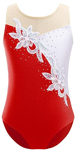 iEFiEL Mädchen Turnanzug Glitzer Gymnastikanzug ÄrmellosTurnanzug Glänzend Trikotanzug Gymnastik Leotard Training Gymnastikbody Rot 122-128