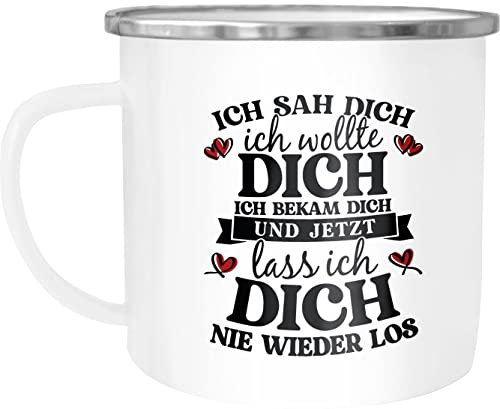 Moonworks® Emaille-Tasse Spruch Liebe Ich sah dich und jetzt lass ich dich nie wieder los Geschenkidee Partner Verliebte emaille-weiß-silber standard
