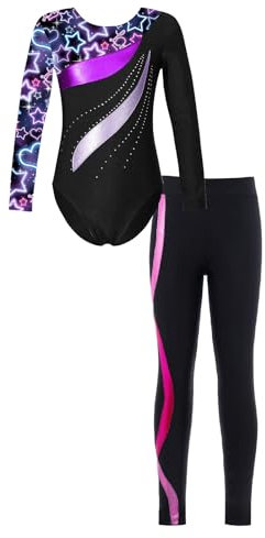Freebily Body da Ginnastica Artistica Bambina con Leggings Sportivi Strass Leotard a Maniche Lunghe Abito da Danza Classica Moderna Jazz Tuta da Balletto Ballo Latino Nero&Rosa scuro 7-8 anni