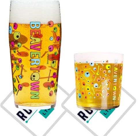Roxley Beavertown Pint Glass and Half Pint Glass Tumbler Also Comes with 2 Branded Beer Mats