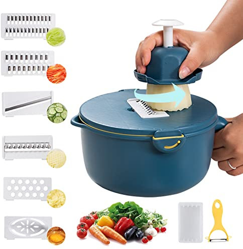 Gemüseschneider, Multifunktionales Gemüsehobel mit 5 Auswechselbaren Klingen, Kartoffelschneider mit Eiertrenner und Drainagekorb, Gemüse Schneider Manuell mit Handschutz Zwiebelschneider