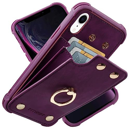 PYTWOPY Schutzhülle für iPhone XR/10R mit Kreditkartenfach, Leder, stoßfest, unterstützt 360° drehbarer Ringständer und RFID-Blockierung für iPhone XR, iPhone 10R, Dunkelviolett