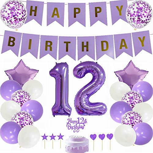 Yunchu Online 12. Geburtstag Dekoration Mädchen Lila Tortendeko Geburtstag Lila White Party Deko 12. Geburtstag Party Deko 12 Geburtstag Mädchen Junge Deko Geschenk 12 jahre Geburtstag Deko Ballon