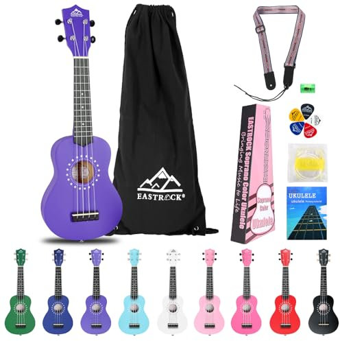 EastRock Sopran-Ukulele für Anfänger, Hawaiianische Ukulele, 21 Zoll für Erwachsene, Yukulele Set mit Booklet Tasche (Violett)