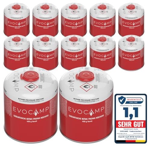 EVOCAMP 12X cartucho de gas Propano Butano 450g, cartucho de rosca europea 7/16, botellas de gas para camping 809ml, bombona de gas, puede utilizarse para barbacoas Weber de la serie Q100/1200
