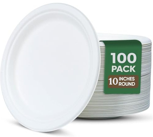Ask Packaging Strong Paper Plates (10 Inch - 100 Pack) 100% Compostable Disposable Bagasse Plates - Heavy Duty Eco-Friendly Biodegradable Sugarcane Plate for Parties – Microwave & Freezer Safe