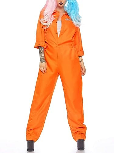 Acrawnni Halloween Jail Costumes Letter Print Long Sleeve Prison Jumpsuit for Adults Toddlers Role-Playing Party Cosplay Outfits (Women, A-Women Orange, M)