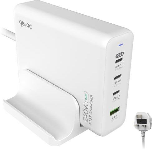 qBLOC 240w USB C GAN Charger, Desktop Charger USB Power Adapter with Stand 140w USB C Charger Charge 2 Laptops at Once for Macbook Pro, Laptops, iPhones, Tablets and More