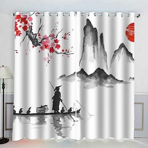 AKATIE Style Japonais Rideaux Thermique Isolant Anti Froid Polyester 2 Pièces 3D Impression Art Japonais Motif Opaque Rideau Occultant Oeillet Chambre Salon Rideau （220x215 cm）