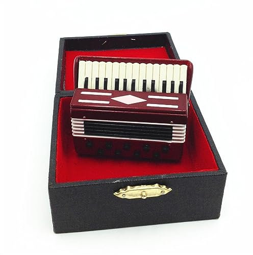 TSTS Miniatur Musikinstrument Replica Miniatur-Musikinstrument Aus Holz, Akkordeon-Modell Mit Koffer Für Puppenhaus-Dekoration