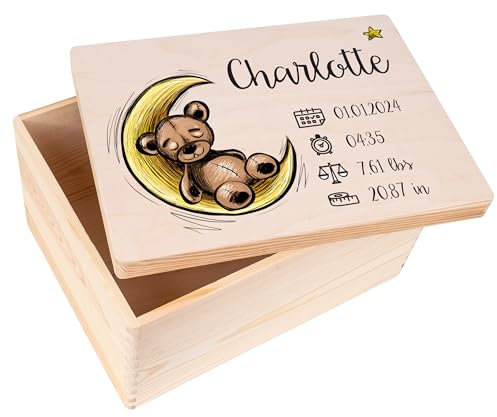 Creative Deco Erinnerungsbox Baby Personalisiert mit Namen | 40 x 30 x 22 cm | Individuelle Erinnerungskiste Geschenk zur Geburt für Mädchen und Jungen | Holzkiste mit Deckel | Farbdruck