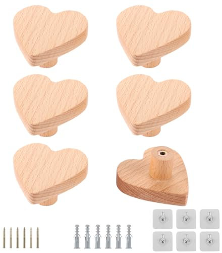 WOPPLXY 6 Stück Möbelknöpfe Holz mit Natürlicher Textur, Herzförmige Holzgriffe für Schränke, 6 x 6 cm Schrankknöpfe Holz für Schränke, Schubladen, Kommodenschränke