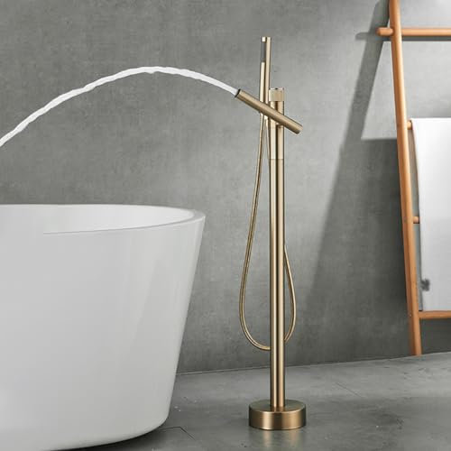 XJTNLB Mitigeur Baignoire Ilot Robinet Douche Bec Rotatif à 360° Mitigeur Baignoire avec Douchette Laiton pour Salle de Bain,Or Brossé,Pose Par Le Bas