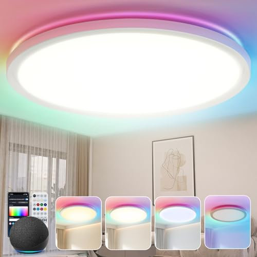 Aigostar Mesh - Lampara Techo Inteligente Delgada Bluetooth Mesh, Ø400mm, 36W, Lampara Techo Alexa, 3500LM, 3000K-6500K y RGB regulable, Plafon LED Techo para Dormitorio, Salon, Cocina