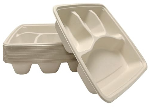DISPOSABLE GREEN Square Bagasse Compartment Plate - 4-Section Divided for Hot, Cold, Wet & Oily Food, Portion Control - 23cm x 5cm