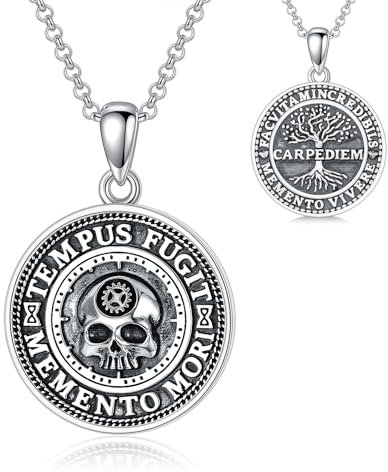 PROESS Memento Mori Skull Halskette 925 Sterling Silber Totenkopf Skull Anhänger Kette Memento Mori Schmuck Geschenke für Damen und Herren