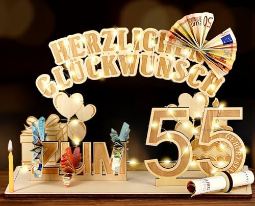 Giftota Original 55. Geburtstag Geldgeschenke Holz mit LED Lichterkette, Geschenke zum 55 Geburtstag Mann Frau, 55. Geburtstag Dekoration