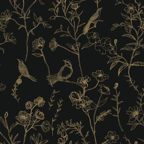 Fiula Self Adhesive Wallpaper 41cm×300cm Floral Vinyl Wrap Vintage Peel and Stick Wallpaper Furniture Sticker Leaf Contact Paper Covering Paper for Bedroom Living Room Removable Black and Gold