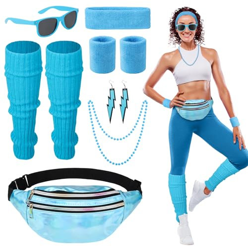 Heyu-Lotus 80er Jahre Outfit Damen, 90er Jahre Kostüm Kleidung Accessoires mit Bauchtasche, Stirnband, Beinwärmer, Armbänder, Brille und Ohrring für Karneval Neon Party?Blau?