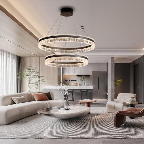 RuiRfh LED Kronleuchter Wohnzimmerlampe groß Moderne Pendelleuchte dimmbar mit Fernbedienung Hängelampe Moderne Esstischlampe braunes Aluminium runde Acrylbeleuchtung Deckenlampe Hotel Restaurant (SI
