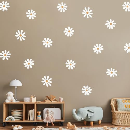24 Pcs Wall Stickers, selbstklebende Wandaufkleber für Schlafzimmer, weiße Gänseblümchen, Kinderzimmer-Wandaufkleber, Blumen-für Mädchen- und Jungenzimmer, Kinderzimmer