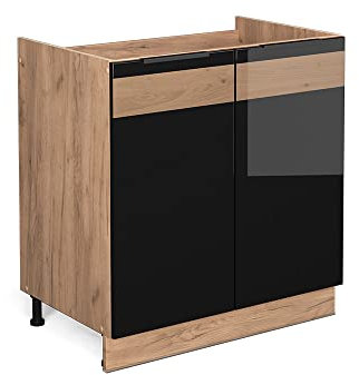 Vicco Spülenunterschrank Fame-Line, Schwarz Eiche Hochglanz/Goldkraft Eiche, 80 cm, AP Marmor