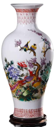 TIECHUINIUB Chinesische Keramikvase mit Ständer, weiß, große chinesische Vase, Porzellan, Blumenvase, chinesische antike Keramikvasen, traditionelle dekorative Vase, C||H 37 cm