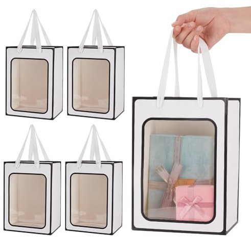 NBEADS 12 Pz Sacchetti Regalo con Finestra Trasparenti, 18x13x25cm Sacchetti di Carta Kraft Borse con Manico Shopper Borsa Regalo Sacchetti Regalo per La Confezione di Regali di Matrimonio, Bianco