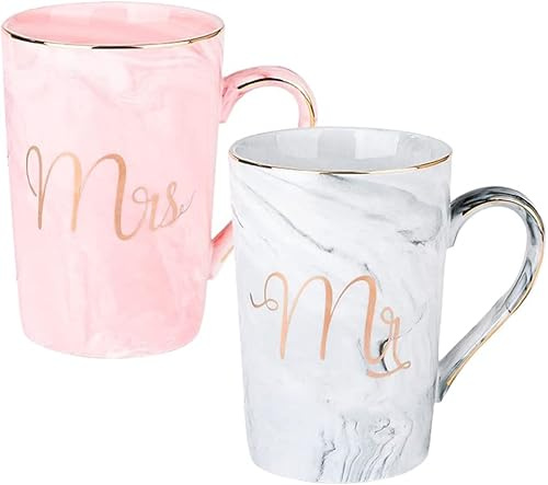 2 Stück Mr und Mrs Tassen Keramik Kaffeetassen Marbling mit goldenen Mustern, perfekt für Kaffee, Tee und Wasser, 400 ml, Geschenk für Hochzeit Valentinstag Jubiläum und Weihnachte (style 2)