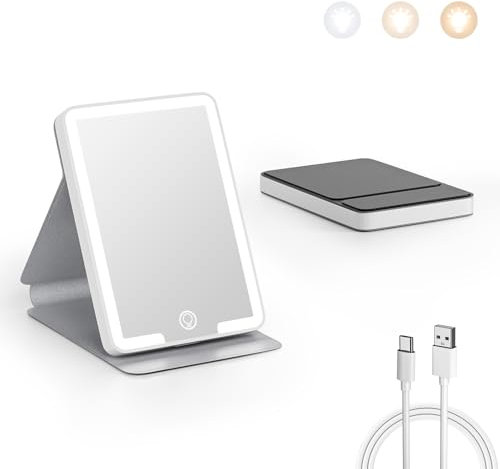Kintion Miroir Compact Rechargeable LED - Portable de Poche - 3 Modes de Couleur, Intensité Variable - Pliable, Porté à la Main - Petit Miroir de Voyage Avec Lumière - Idéal Comme Cadeau