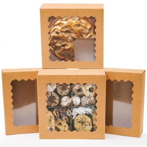 Gcardist Auto-pop Up Brown 20.3x20.3x6.4cm 12Pcs Cookie Box with Window Pastry Macaron Bakery Box For Packaging (8x8x2.5 inch)