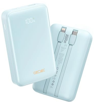 Qecvec Power Bank,Portable Charger 20000mAh with 2 Built-in Cables, 22.5w Fast Charging Battery Pack, LED Display Backup Battery, Travel Battery Pack for iPad, iphone Samsung and More (Blue)